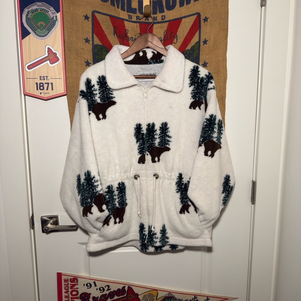 Vintage COUNTRY WOODS White Nature Winter Bear Full Zip Fleece Jacket Size (XL)